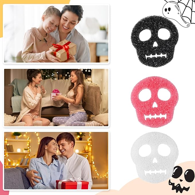 3 Pcs Dual Sided Scrub Sponge Multi Functional Cute Temperature Sensitive Non Scratch Dish Sponge for Washing Dishes Kitchen Bathroom (Skull,Pink, Black, White)
