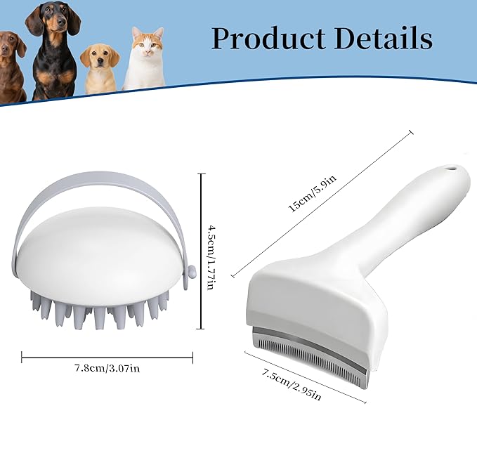 2 Pack Pet Grooming Set, Short Teeth Stainless Steel Deshedding Brush for Short-Haired Dogs and Soft Silicone Circular Bath Brush, Efficient Fur Removal and Gentle Cleaning (White, Small)