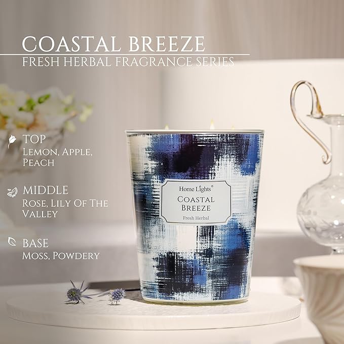 HomeLights Large jar Candle | 3-Wick Long-Lasting Scented Candles, 34oz Natural Soy Wax Candle for Home Scented, Scandinavian Minimalist Design Gifts for Women & Men, Coastal Breeze