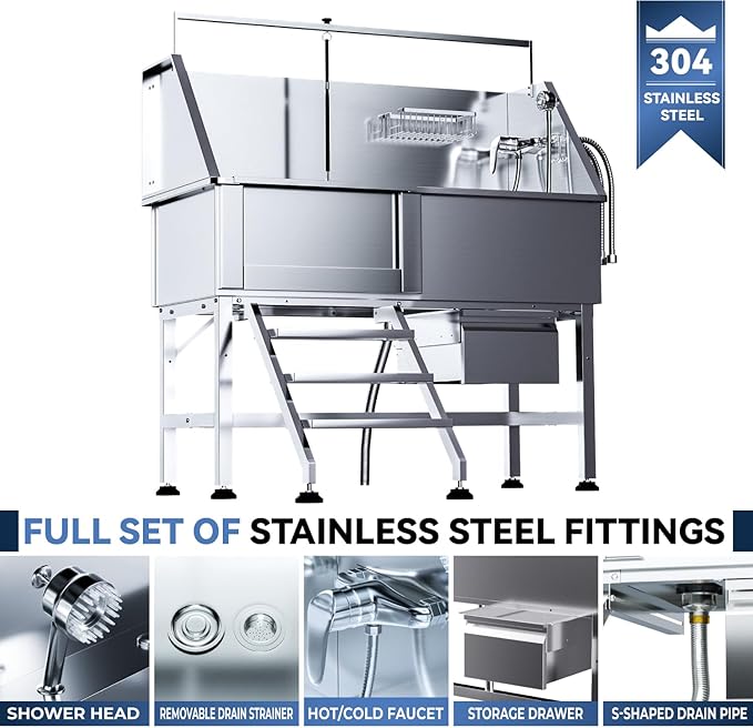 46" Dog Washing Station for Home,Stainless Steel Professional Dog Bathing Station Height Adjustable D og Grooming Tub Ramp, Drawer, Floor Grate & Fauct (L Stair)