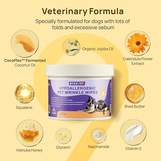 HICC PET Wrinkle Wipes, Vet-Recommended Dog Wipes Cleaning Deodorizing, Soothes Redness & Odor, Prevents Infections, Tear Stain Remover, Gentle for French Bulldogs, Pugs, English Bulldogs (100 Counts)