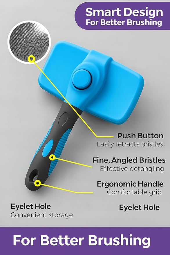 Self-Cleaning Pet Grooming Brush for Dogs & Cats – Gentle Silicone Tips Remove Loose Hair, Mats & Tangles – Comfortable Anti-Slip Grip