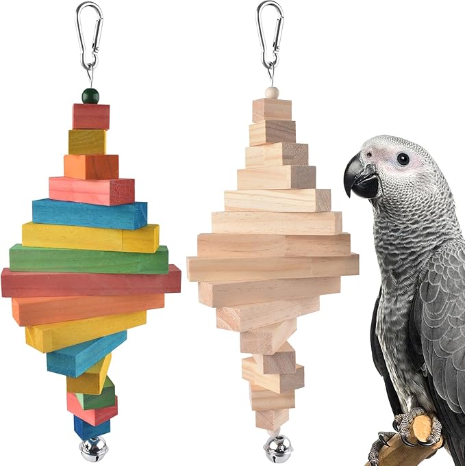 2 Pcs Large Bird Toys, Colorful Natural Wood Block Parrot Chew Sticks Toy with Bell for Amazon, African Greys, Eclectus Parrots, Macaws Chewing Tearing