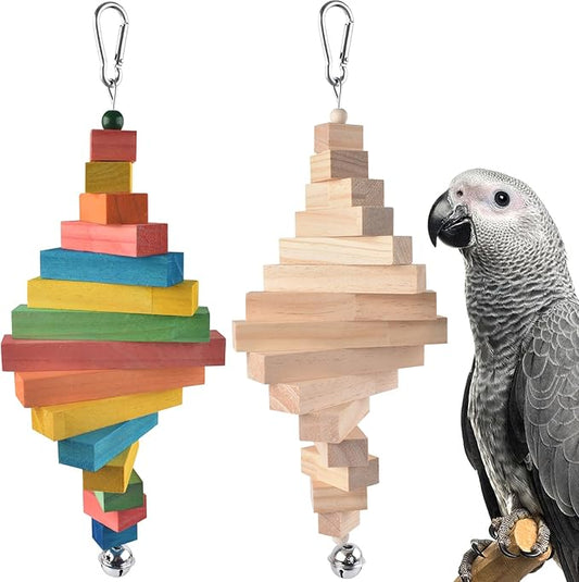 2 Pcs Large Bird Toys, Colorful Natural Wood Block Parrot Chew Sticks Toy with Bell for Amazon, African Greys, Eclectus Parrots, Macaws Chewing Tearing