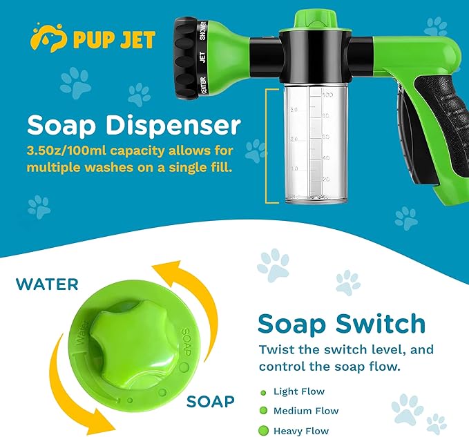 The Original Pup Jet Dog Washing Hose Attachment with Soap Dispenser – 8-in-1 Fur Sweep Shower Attachment & Shampoo Sprayer for Dog Wash, Bath, and Grooming Perfect Pet Care