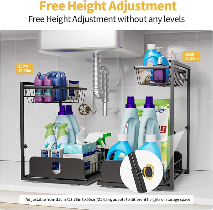 2 Pack Under Sink Organizers, Height Adjustable Under Sink Organizers And Storage, 2 Tier Pull Out Drawer Sturdy Metal Cabinet Organizer For Kitchen Bathroom Pantry