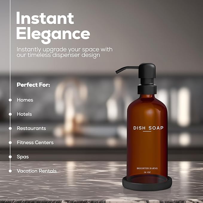 Amber Glass Dish Soap Dispenser for Kitchen Sink by Brighter Barns - Kitchen Soap Dispenser Set with Pump & Tray - Refillable Glass Bottle for Liquid - Modern Home Decor for Airbnb, Restaurant (Amber)