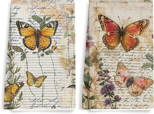 2 Pcs Vintage Butterfly Kitchen Towels, Rustic Botanical Decorative Absorbent Microfiber Dish Cloth Tea Towel, Artistic Waffle Soft Hand Towels for Farmhouse Home Bathroom, Butterfly Gifts 1