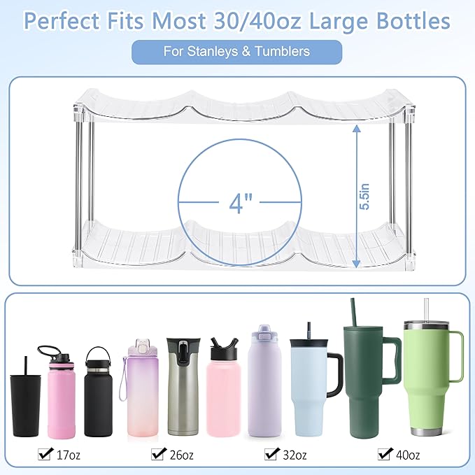 Water Bottle Organizer - Stanley Cup Holder for Cabinet Stackable Water Bottle Holder, Kitchen Pantry Organizers and Storage for Stanley Tumbler 40oz, Tumbler Storage Organizer, 2 pack