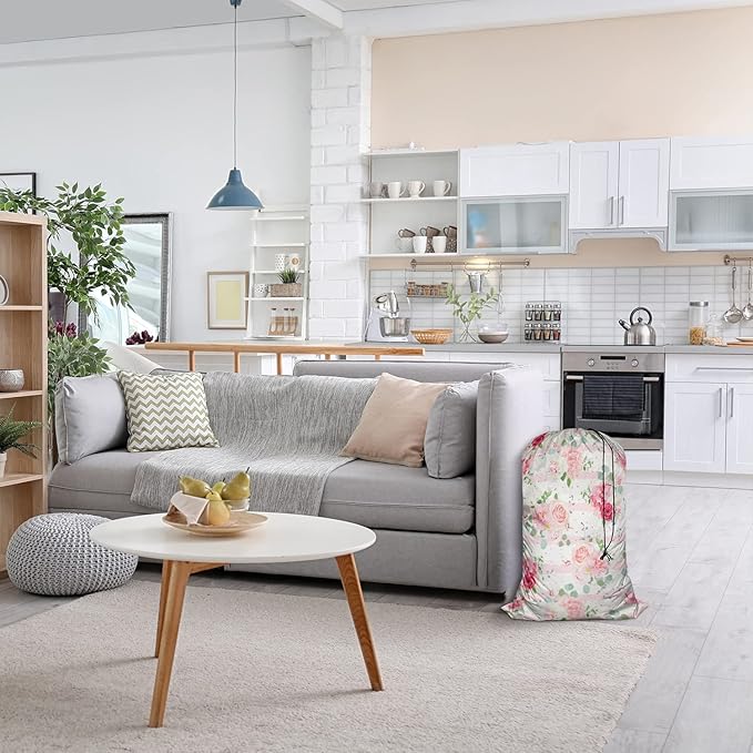 Swono Pink Rose Dining Toy Storage Heavy Duty Basket Laundry Bag with Drawstring Romantic White Peony Bouquets Folding Organizer for Travel Washing Machine, 28x40 Inch, Striped