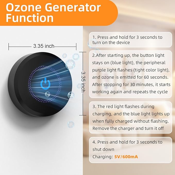 Ozone Odor Eliminator for Strong Odor 99% Cat Litter Deodorizer Dog Poof Odor Removal Air Ionizers for Home Portable Air Purifier Bedroom Toilet, Kitchen, Pets, Shoe, Smoke, Formaldehyde Air Freshener