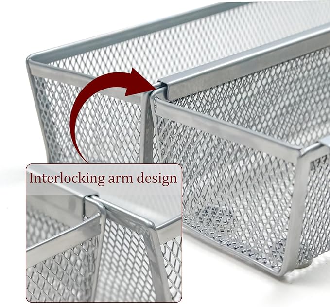 2PCS Drawer Organizer, Mesh Drawer Organizer with Interlocking Arm for Utensil, Cosmetic, Flatware, Pen (12 * 3 * 2 Inches, Grey)