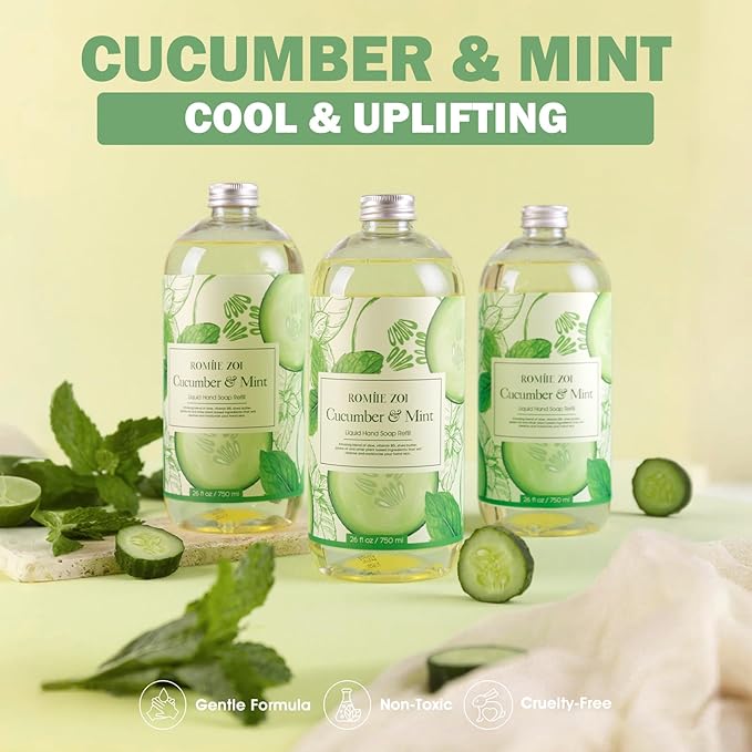 ROMIIE ZOI Liquid Hand Soap Refills Gift Set – Cucumber & Mint Scent – 3 Pack (26 Fl Oz Each) – Cruetly Free, Biodegradable, Moisturizing & Gentle Refill For Kitchen, Bathroom & Sensitive Skin