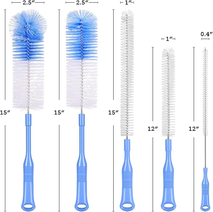 Bottle Brush Cleaner 5 Pack - Long Handle Water Bottle and Straw Cleaning Brush Set for Washing Narrow Neck Bottles, Sport Bottles, Kombucha, Wine Decanter, Flask, Beer Brewing Supplies
