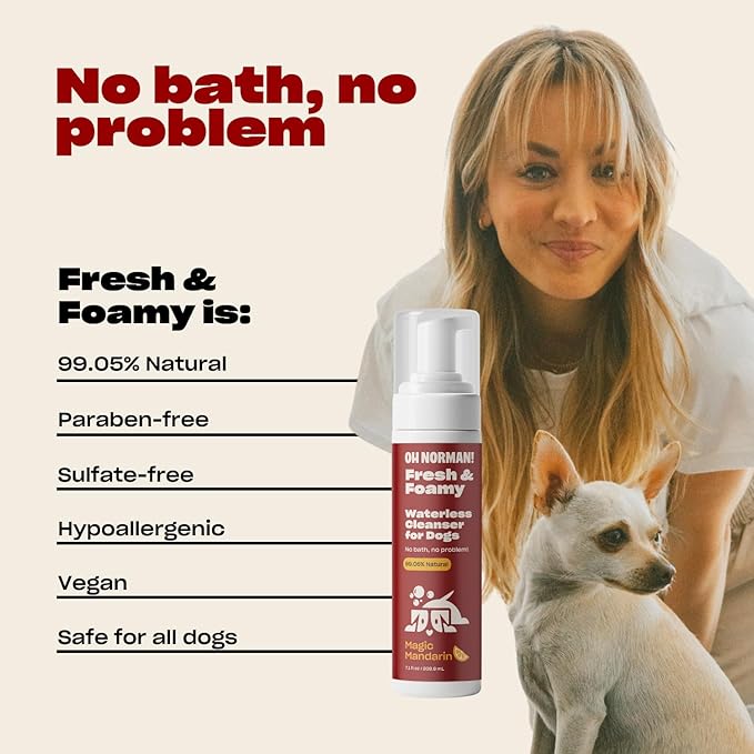 OH NORMAN! Hypoallergenic Magic Mandarin Scent Fresh and Foamy Dry Shampoo for Dogs by Kaley Cuoco - 7.1 Fl Oz Cruelty-Free Waterless Dog Shampoo No Rinse