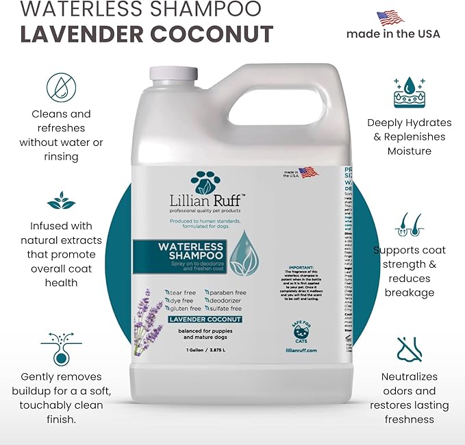 Lillian Ruff Waterless No-Rinse Dog Dry Shampoo Spray with Hydrating Essential Oils - pH-Balanced Dry Shampoo for Dogs - Clean, Condition, Detangle & Deodorize Dry, Sensitive Skin (Gallon)