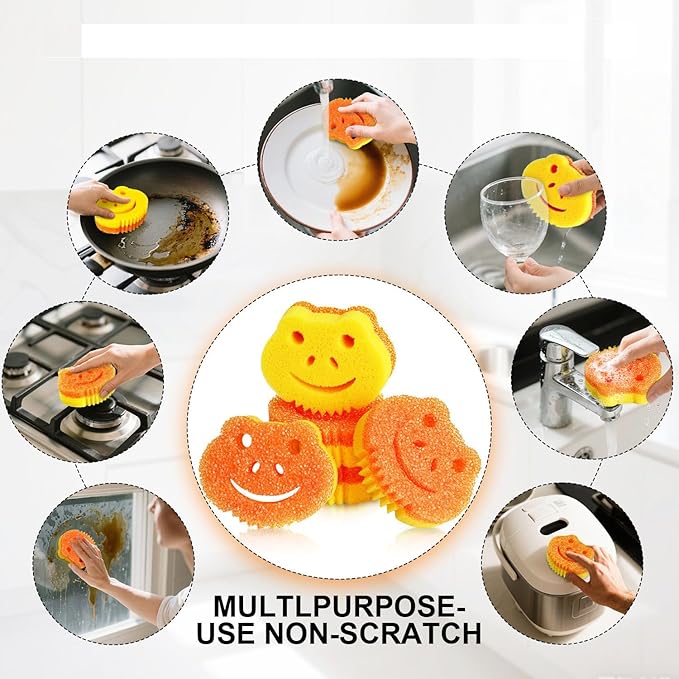 SmilePowo 5 Pack Cute Frog Scrub Sponge, Dual-Sided Temperature Controlled Kitchen Sponge for Dishes,Furniture,Bulk Sponges Household Cleaning Pads,Multi-Functional Premium Cleaning Sponges