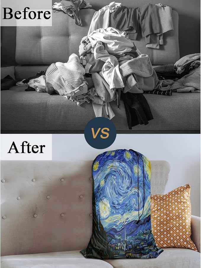 Swono Sturdy Laundry Basket Hamper, Starry Night Abstract Art Foldable Laundry Bag Clothing Organization for Bathroom, Bedroom Home Dorm Travel, Blue Oil Painting