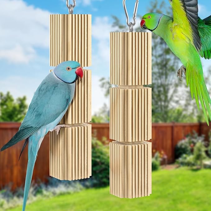 2 Pcs Bird Chew Toys, Natural Hanging Parrot Foraging Beak Grinding Wood Blocks, Birds Cage Accessories for Quaker, Caique, Conure, Cockatiel, African Grey