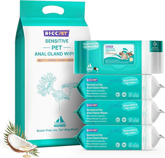 HICC PET Wipes for Dogs & Cats, Vet Recommended Cleansing Deodorizing & Soothing Allergy Infections Anal Gland Wipes with Coconut Oil, Dog Wipes for Cleaning Butt Paw, for Horse Skin, Coat & Hoof Care