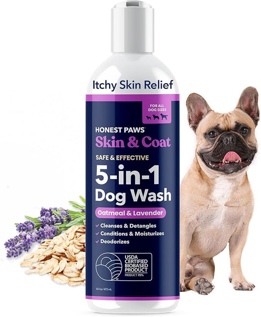 Honest Paws Dog Shampoo and Conditioner - Premium Dog Wash for Allergies and Dry, Itchy, Moisturizing for Sensitive Skin - Sulfate Free, Plant Based, All Natural - Oatmeal & Lavender - 16 Fl Oz