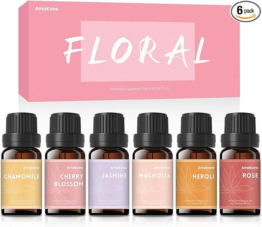 AmaKane Floral Fragrance Oils, Flower Essential Oils for Diffusers for Home, Candle Soap Making Scents 6x10ml, Rose, Jasmine, Chamomile, Neroli, Magnolia, Cherry Blossom Essential Oil