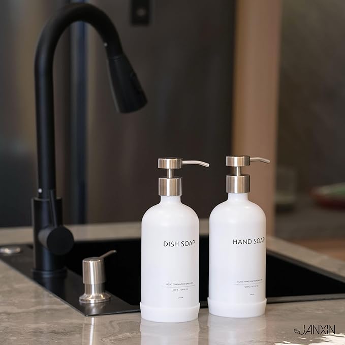 Kitchen Soap Dispenser Set with Non-Slip Protective Silicone Pad,Hand Soap Dispenser for Kitchen and Bathroom Decor, White and Silver Kitchen Accessories (White Bottles + Silver Pumps)