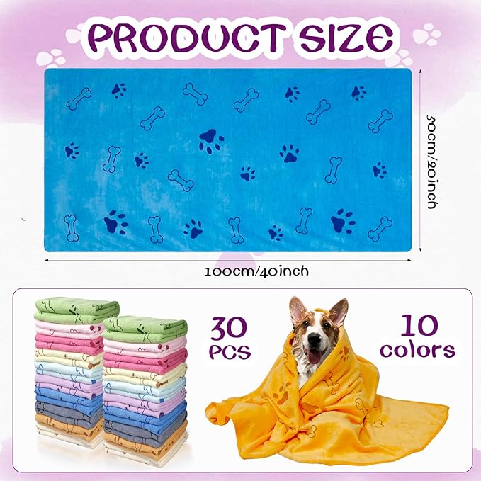 30 Pcs Dog Towels for Drying Dogs Bulk 20 x 40 Inch Quick Drying Pet Bath Towels Colorful Pet Grooming Towel Absorbent Microfiber Towel for Small Medium Large Dog Puppy Cat