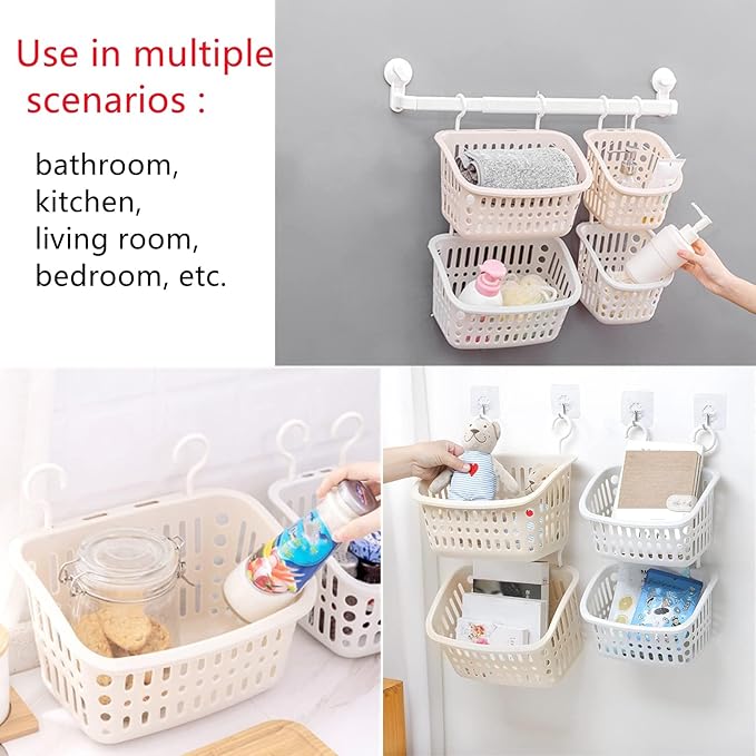 3PCS Plastic Hanging Baskets for Shower, Organizer With Hooks, Rectangle 10.6Inches Small Storage Basket (Beige)