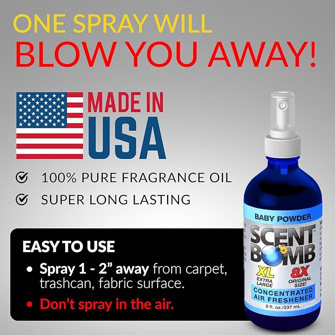 Scent Bomb Air Freshener Spray, Long-Lasting Odor Eliminator for Home & Car, Effective Deodorizer for Kitchen, Bathroom, Fresh Room Spray & Smell Neutralizer, Baby Powder Scent