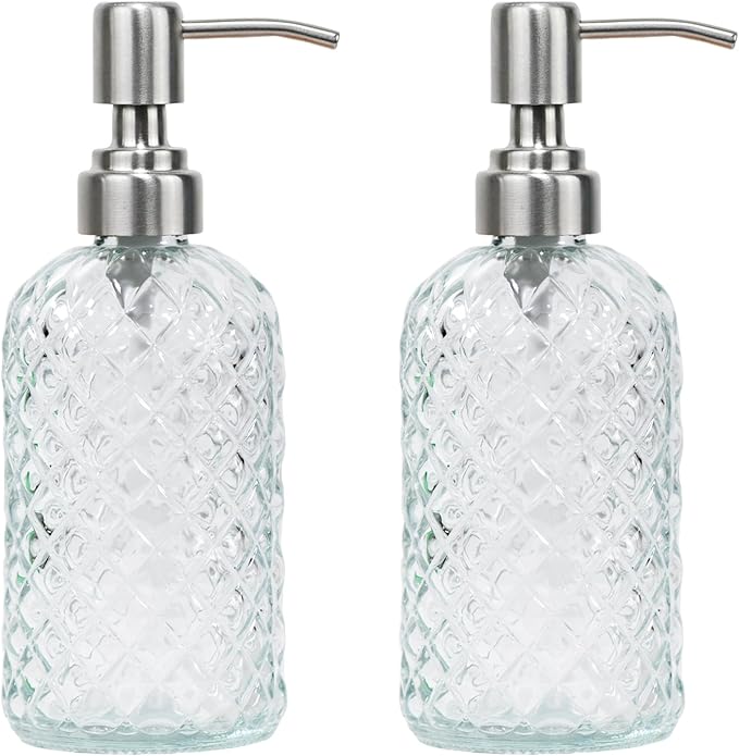 16 oz Diamond Pattern Glass Soap Dispenser, Kitchen and Bathroom Refillable Soap Dispenser with Rust Resistant Stainless Steel Pump for Hand Soap, Lotion Glass Liquid Dispenser(Clear-2pack)