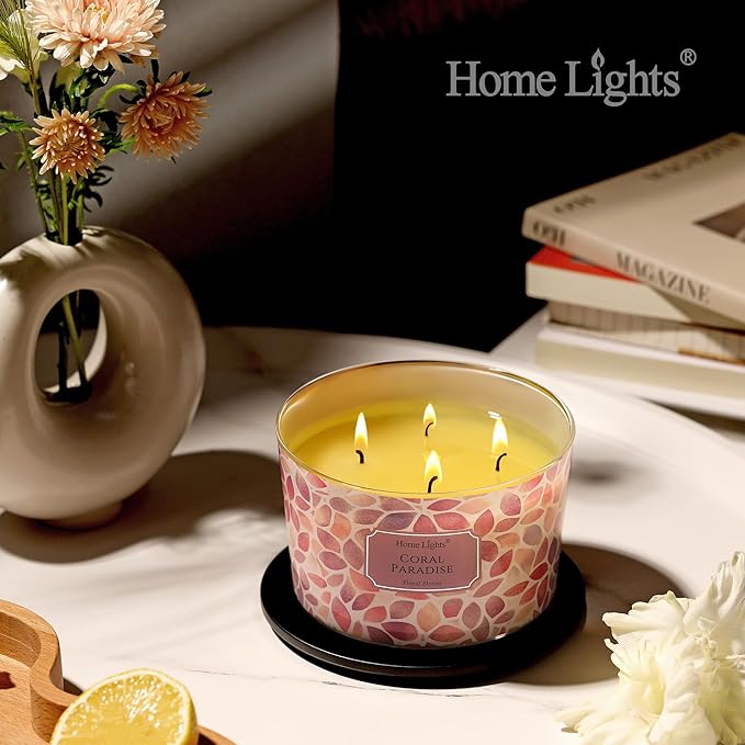 HomeLights Coral Paradise Scented Candles | 18oz Soy Candles Bohemian Natural Textures 4-Wick Large Candle Jars | Ideal Candle Gifts for Events, Home Decor Stress, Relief & Relaxation