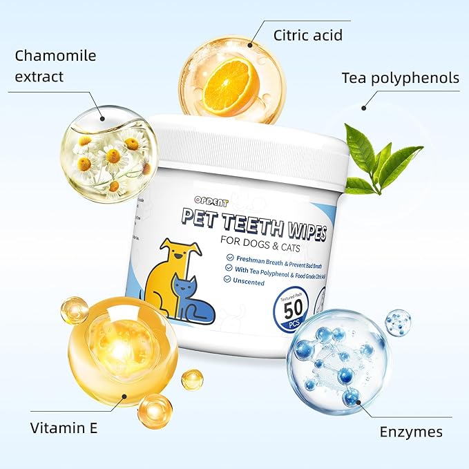 No-Rinse Dog Teeth Cleaning Wipes - Cat & Dog Fresh Breath Pet Dental Finger Wipes, Dog Toothbrush Dental Wipes to Easy Remove Plaque & Tartar, Gently Cleans Discharge (50 Count, Unscented)