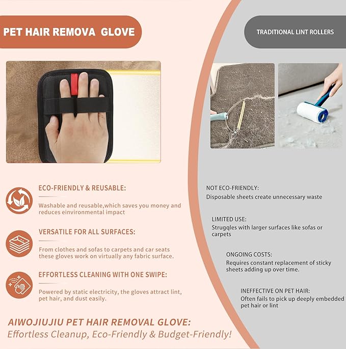 2 Pcs Pet Hair Removal Glove - Upgraded Electrostatic Pet Hair Remover Gloves for Cats & Dogs, Reusable & Washable Magic Brush Pet Hair Removal Tool (Black, L)