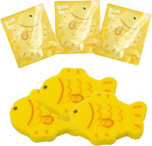 3 Pcs Cute Compressed Wood Pulp Cotton Sponges, Fish Animal-Shaped Reusable and Highly Absorbent for Dishwashing, Kitchen Surfaces, and Bathroom Cleaning