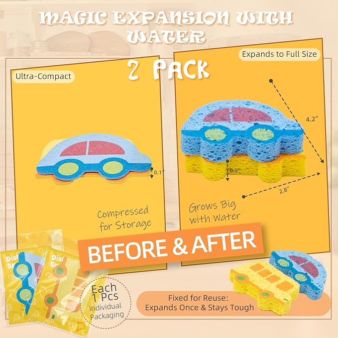 2 Pcs Cute Compressed Wood Pulp Cotton Sponges, Reusable and Highly Absorbent for Dishwashing, Kitchen Surfaces, and Bathroom Cleaning, Bus and Car-Shaped