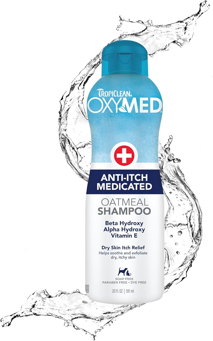 TropiClean OxyMed Dog Shampoo for Allergies and Itching , Medicated Oatmeal Shampoo for Dry Itchy Skin, Seborrhea, & Hot Spots, Cat Safe, 20oz.