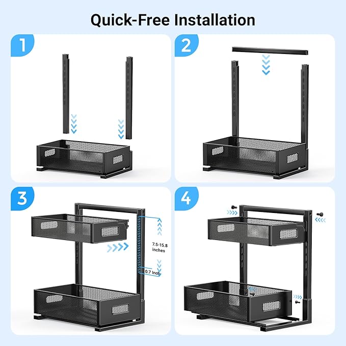 Under Sink Organizer, Metal Under Sink Organizers and Storage, Slide Out Pull Out Cabinet Organizer for Kitchen, Bathroom, Pantry, Laundry, Study, Black