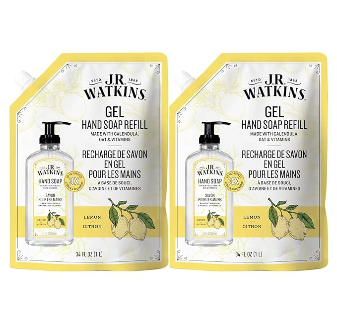 J.R. Watkins Gel Hand Soap Refill, Moisturizing Hand Wash, Formulated with Plant-Based Cleansers, Alcohol-Free, Cruelty-Free, Lemon, 34 Fl Oz, 2 Pack
