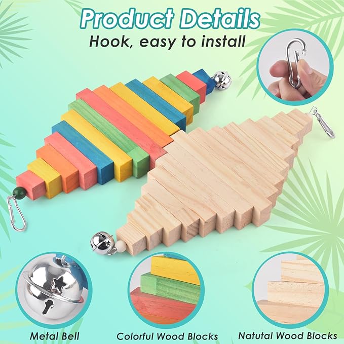 2 Pcs Large Bird Toys, Colorful Natural Wood Block Parrot Chew Sticks Toy with Bell for Amazon, African Greys, Eclectus Parrots, Macaws Chewing Tearing
