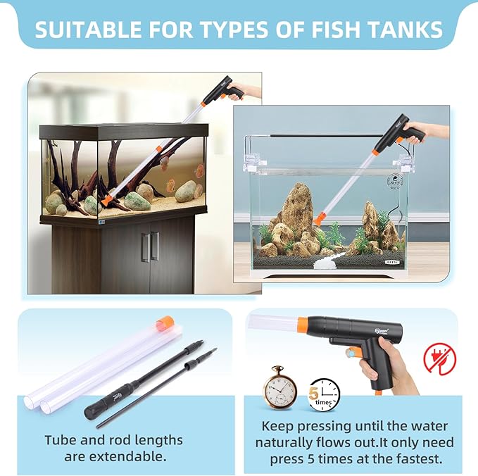 hygger Aquarium Gravel Cleaner Kit, Fish Net Aquarium Cleaning Brush, Patented Water Changer Gravel Vacuum Fish Tank Sand Cleaner Kit Aquarium Siphon Vacuum Cleaner with Water Hose Controller Clamp