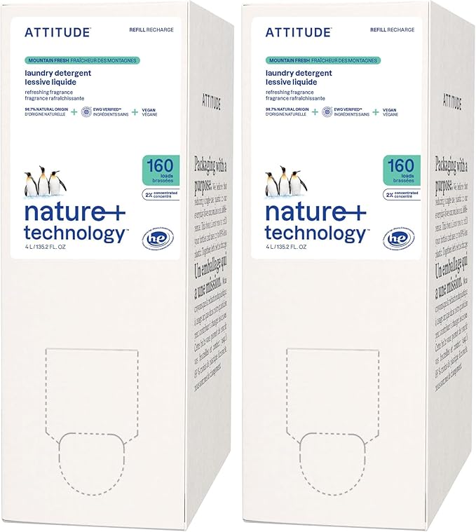 ATTITUDE Liquid Laundry Detergent Refill, EWG Verified, HE Compatible, Plant-Based & Vegan, Natural Laundry Soap, Mountain Fresh Scent, 160 Loads, 135.26 Fl Oz (Pack of 2)