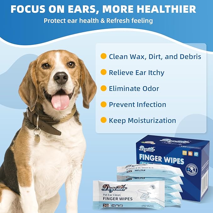 Dog Finger Wipes, 120 Count Ear Cleaner for Dogs Cats Bathing Wipes, Pet Dental Clean Finger Wipes, Natural Puppy Eye Wipes | Soothes Itchy Dry Skin, Coconut Scent Dog Ear Infection Treatment