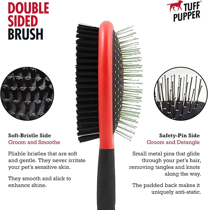Tuff Pupper Double Sided Dog Brush, Detangling Tool for Dogs and Cats, Pin & Bristle Pet Brush, for and Hair Types, With Comfort-Grip Anti-Slip Handle, Brown, Black, White