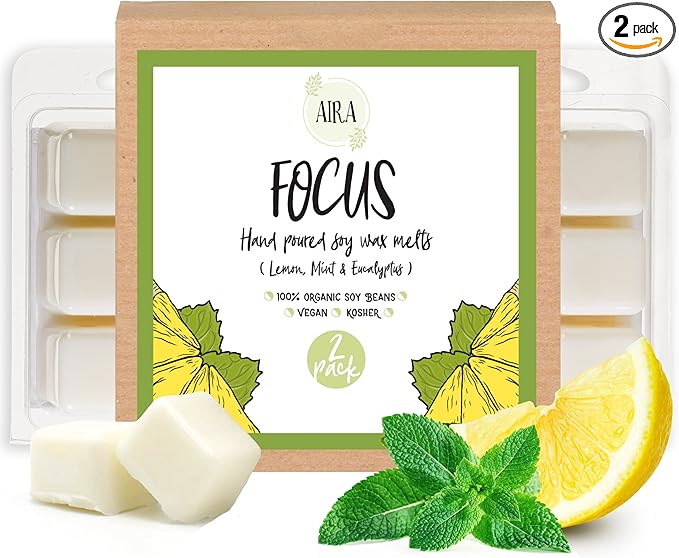 Aira Soy Wax Melt - Organic, Vegan, Kosher, Scented Soy Wax Cubes w/Essential Oil Blends - No Chemical 100% Soy Wax Melts for Tealight Melters - Hand-Poured Soy Tarts - Focus - 2 Pack