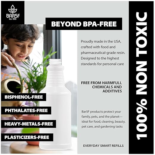 Bar5F 16-Ounce Spray Bottles Heavy-Duty Leakproof Plastic Adjustable Nozzle Mist Stream for Cleaning Solutions, Plant, Hair, Bleach, Vinegar, Alcohol Safe Made in USA 4-pack