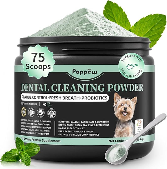 Dog Dental Powder – Teeth Cleaning Powder with 6B CFU Probiotics, Enzymes & Antioxidants, Plaque & Tartar Off, Fresh Breath Support, No Brushing Oral Care, Mint Chicken Flavor, 75 Servings