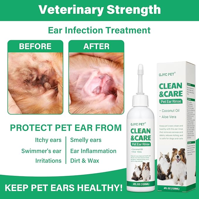 Ear Cleaner for Dogs and Cats,Dog Ear Infection Treatment for Itch Relief, Cleans The Ear Canal from Debris and Buildup Removes Wax, Odor with Aloe 4 Fl oz