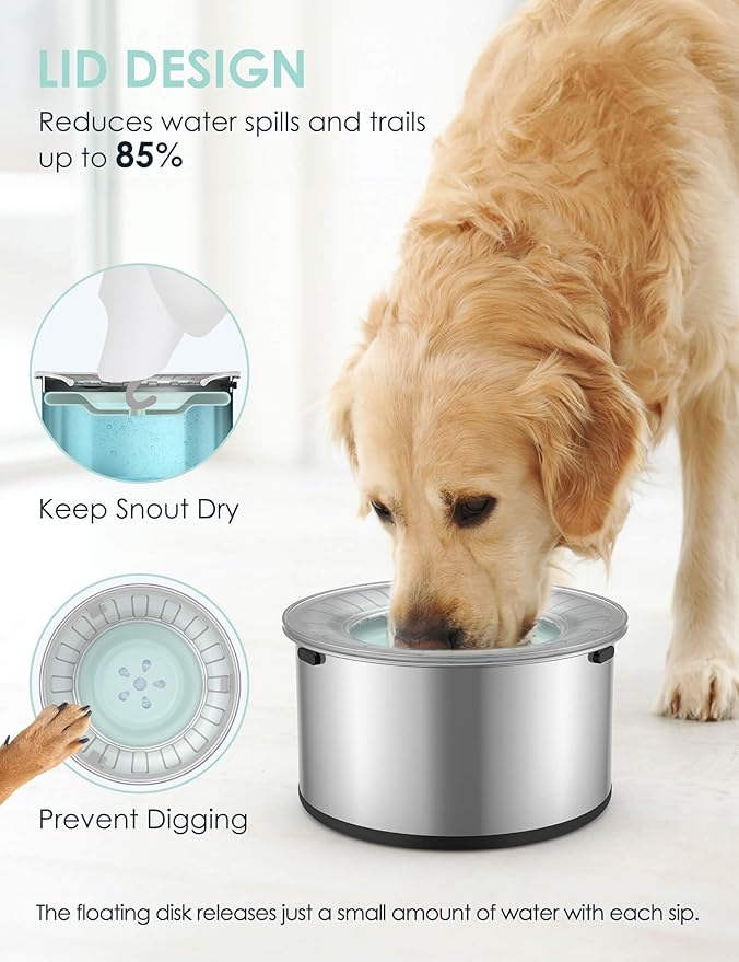 1Gallon Large Dog Water Bowl No Spill, [Anti Digging Lid & Rubber Bottom] Spill Proof Dog Bowl, Anti Splash Mess Dripless Slow Drinking Stainless Steel Water for Sloppy Messy Drinkers Car