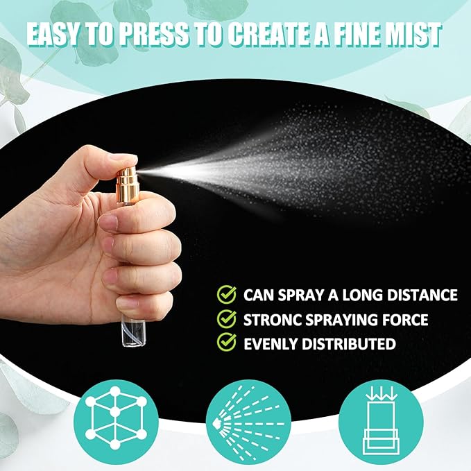 Zhehao 50 Pcs Mini Spray Bottles 10 ml Clear Glass Perfume Bottles Refillable Fine Mist Perfume Atomizer Portable Empty Sample Containers for Cleaning, Essential Oils, Travel (Gold Cap)